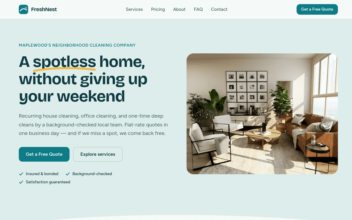 Screenshot of FreshNest Cleaning Co.